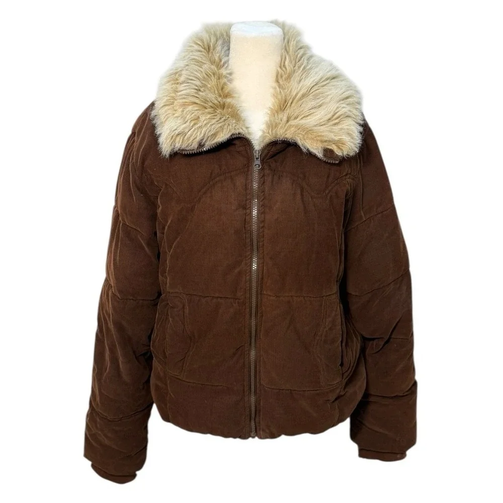 Vintage Y2K Corduroy Puffer Jacket Faux Fur Coat Women XL Chocolate Brown Sherpa
